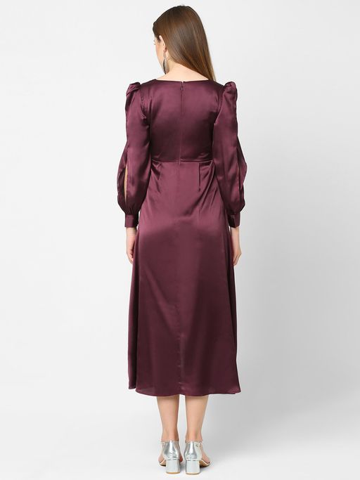 knee length dresses for ladies Wine Satin Cowl Neck Cross Back Midi Dress – AX Paris