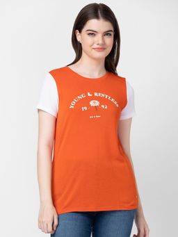 Spykar - Women Burnt Orange Cotton Slim Fit Printed T-shirt