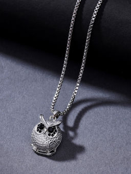 VIRAASI - Unisex Silver-Plated Owl Black Stone Pendant with Chain