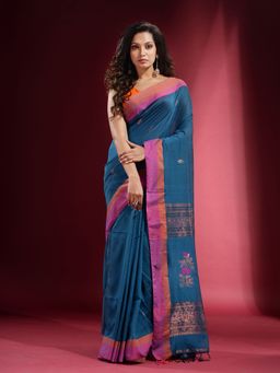 CHARUKRITI - Cobalt Blue Pure Zari Floral Design Dual Border Saree with Unstitched Blouse