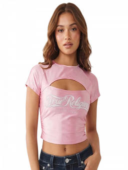 True Religion - Pink Ruched Keyhole Logo Print Top