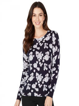 Michael Kors - Navy White Crewneck Floral Print Sweater Top (2XL)