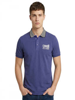 Cavalli Class - Blue Printed Logo Polo T-Shirt (XL)