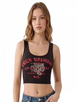 True Religion - Black Scoop Neck Embellished Graphic Top