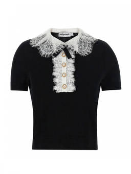 self-portrait - Black Solid Shirt Collar Top