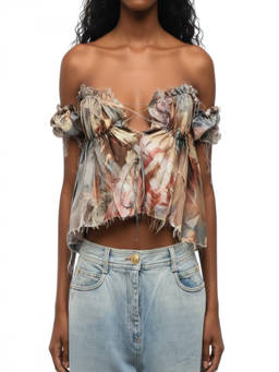 BALMAIN - Multicolour Printed Off Shoulder Top