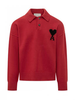 AMI Paris - Red Shirt Collar Logo Polo T-Shirt