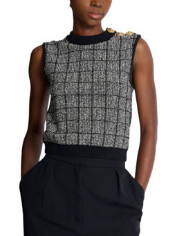 BALMAIN - Black Checks Crew Neck Top