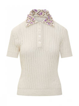 Des Phemmes - White Embellished Shirt Collar Polo T-Shirt