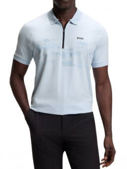 Boss - Light Blue Zip-Neck Polo T-Shirt