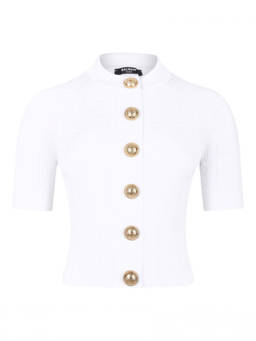 BALMAIN - White Ribbed Buttoned Top (L)