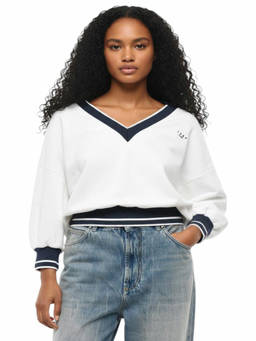 1989 STUDIO - White Colour Block V Neck Sweatshirt