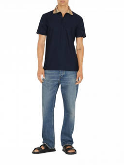 Burberry - Navy Blue Check Motif Polo T-Shirt (S)