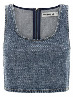 self-portrait - Blue Rhinestone Denim Crop Top