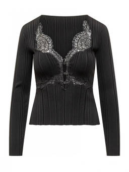 self-portrait - Black Lace V Neck Top (M)
