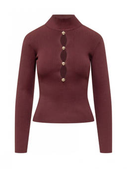 self-portrait - Red Knitted Mock Collar Top (L)