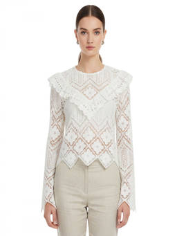 self-portrait - White Lace Round Neck Top