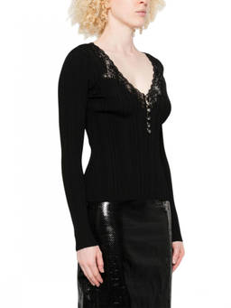 self-portrait - Black Knitted V Neck Sweatshirt (M)