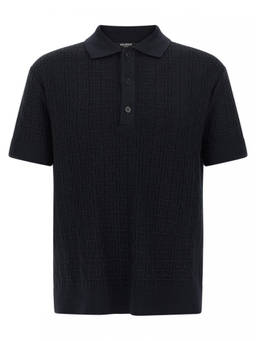 BALMAIN - Navy Blue Monogram Knit Polo T-Shirt (M)