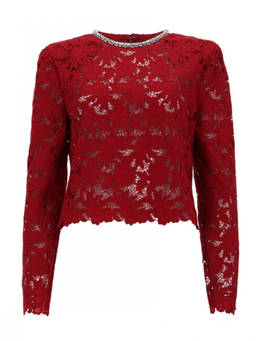 self-portrait - Red Embellished Round Neck Top