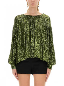 RABANNE - Green Embellished Boat Neck Top