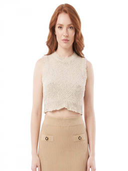 Roberto Cavalli - Beige Knitted Crew Neck Top (M)