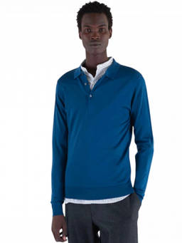 John Smedley - Blue Wool Polo Collar Sweater (2XL)