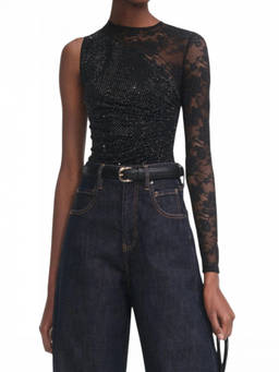 self-portrait - Black Rhinestone Lace Sleeve Top (L)