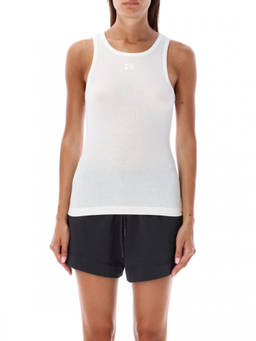 Ganni - White Crew Neck Logo Tan Top (L)