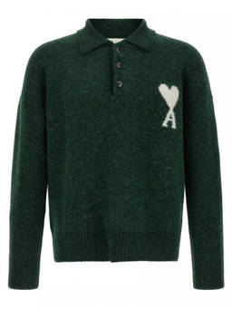 AMI Paris - Green Solid Shirt Collar Polo T-Shirt