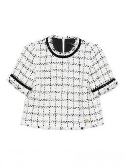 Karl Lagerfeld - White Crew Neck Check Pattern Top