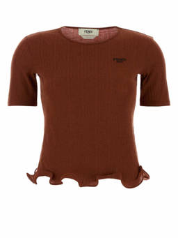 Fendi - Brown Crew Neck Logo Ribbed Top
