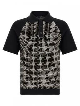 BALMAIN - Black white Logo Shirt Collar Polo T-Shirt