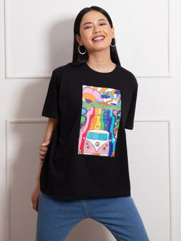Twenty Dresses by Nykaa Fashion - Black Graphic Print Oversized Round Neck T Shirt