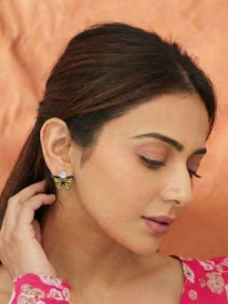 Accessher - Yellow Brass Women White Stones Earrings