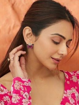 Accessher - Pink Brass Women White Stones Earrings