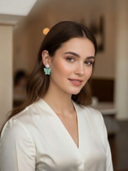 Accessher - Blue Brass Women White Stones Earrings