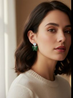 Accessher - Green Brass Women White Stones Earrings
