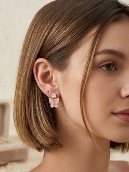Accessher - Pink Brass Women White Stones Earrings