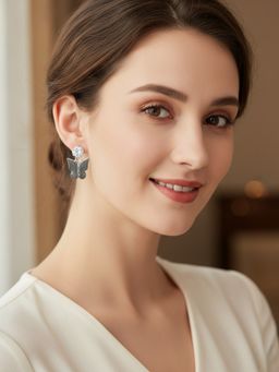 Accessher - Grey Brass Women White Stones Earrings