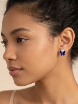 Accessher - Blue Brass Women White Stones Earrings