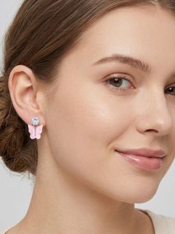 Accessher - Pink Brass Women White Stones Earrings