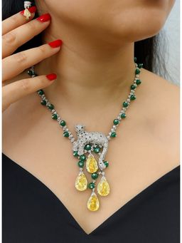 Modarta By Kamakshi - Green Brass Women Coloured Stone Necklace with Earrings