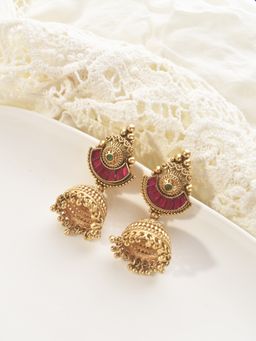 Peach Tassels - Red Mixed Metal Women Coloured Stone Earrings