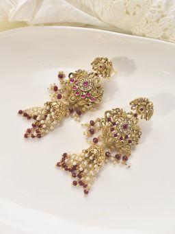 Peach Tassels - Red Mixed Metal Women Pearl Earrings