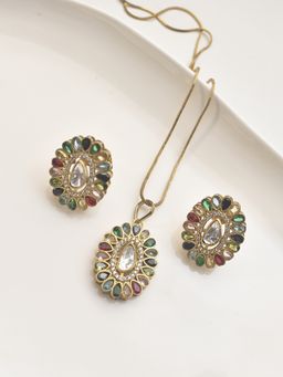 Peach Tassels - Multi-Color Mixed Metal Women Coloured Stone Necklace with Earrings