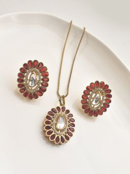 Peach Tassels - Red Mixed Metal Women Coloured Stone Necklace with Earrings