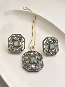 Peach Tassels - Green Mixed Metal Women Coloured Stone Necklace with Earrings