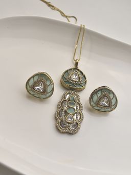 Peach Tassels - Green Mixed Metal Women Coloured Stone Necklace with Earrings