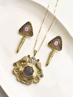 Peach Tassels - Pink Mixed Metal Women Coloured Stone Necklace with Earrings